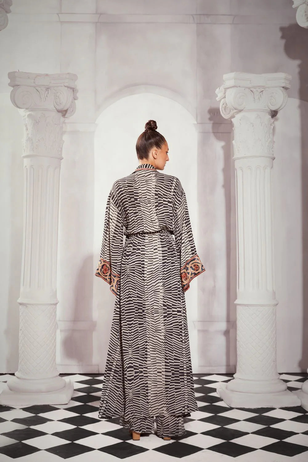 Black & White Byzantine Print Slit Dress With Tile Thread Embroidery