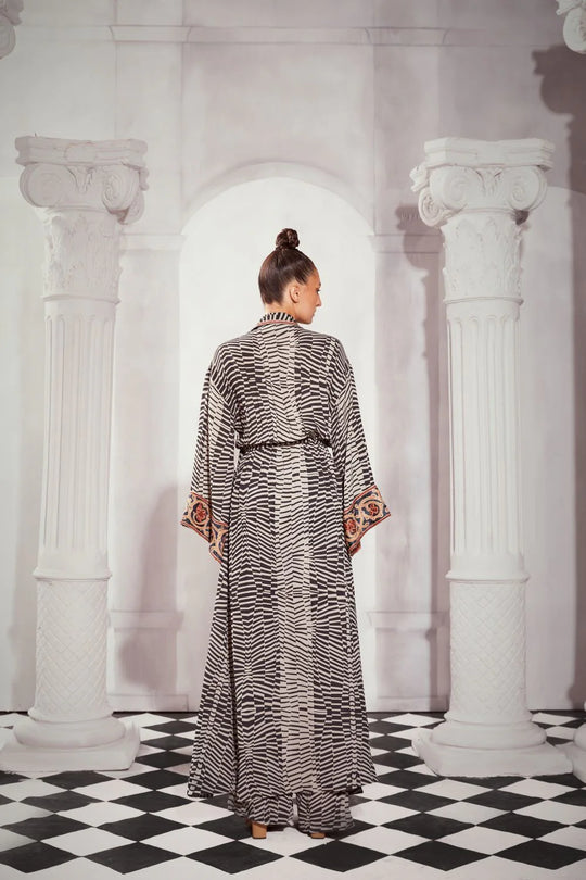 Black & White Byzantine Print Slit Dress With Tile Thread Embroidery