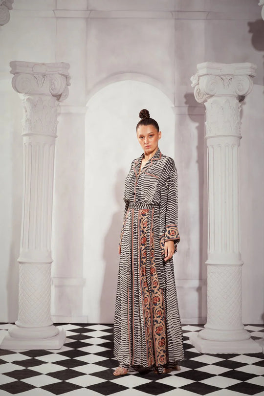 Black & White Byzantine Print Slit Dress With Tile Thread Embroidery