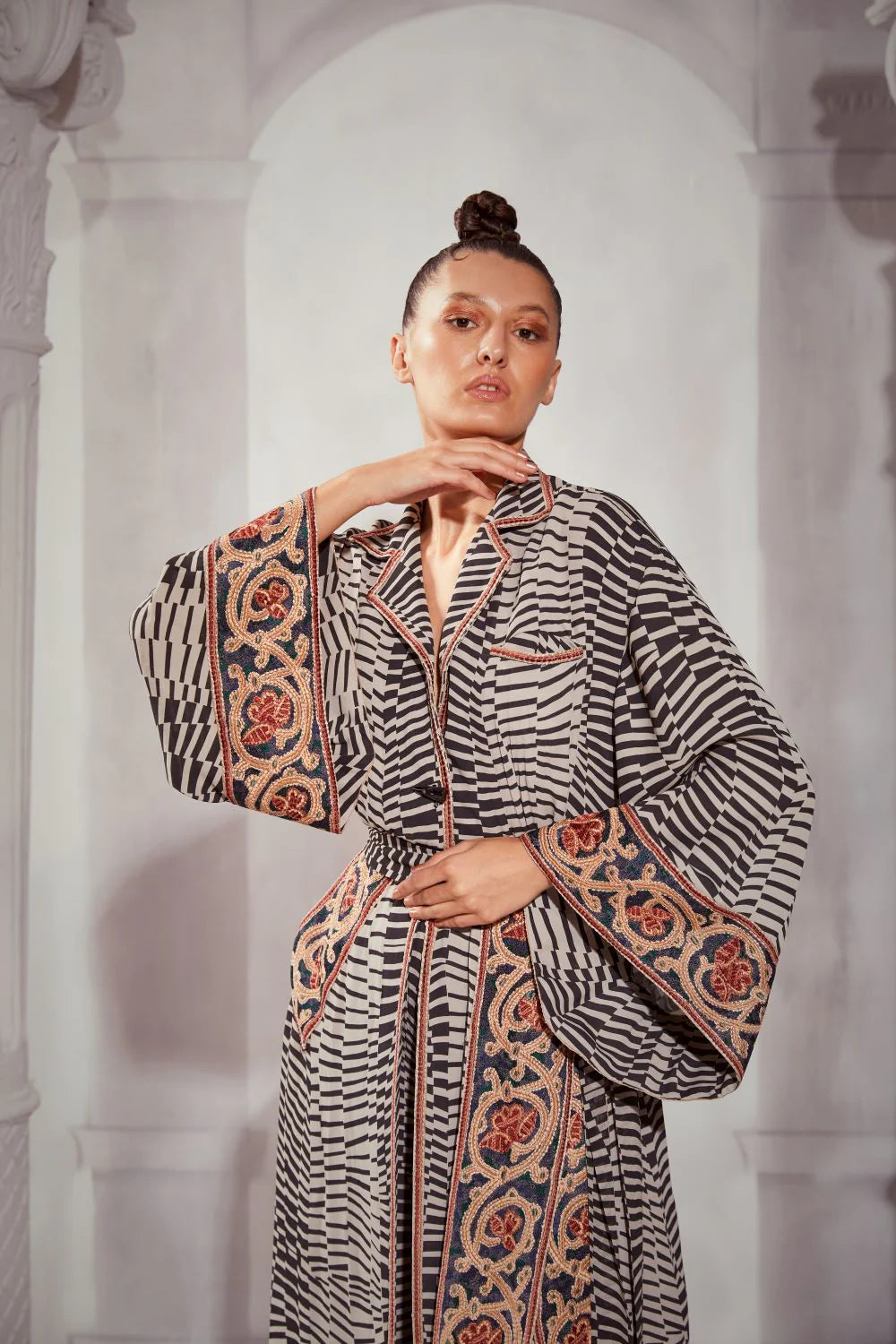 Black & White Byzantine Print Slit Dress With Tile Thread Embroidery