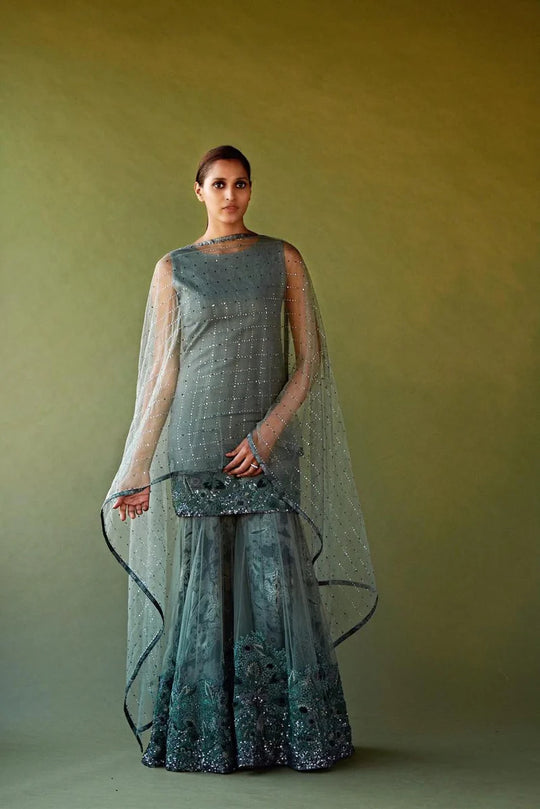 Jade green pewter kurta sharara set featuring embroidered hem and flowing dupatta