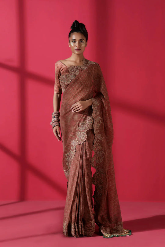 Terracotta Tile Print Two Piece Prepleated Saree With Organic Cotton Satin Blouse
