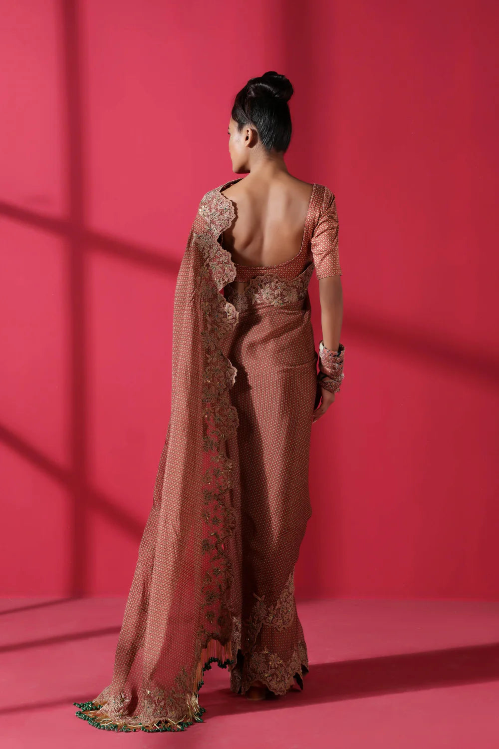 Terracotta Tile Print Two Piece Prepleated Saree With Organic Cotton Satin Blouse