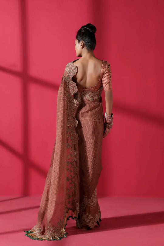 Terracotta Tile Print Two Piece Prepleated Saree With Organic Cotton Satin Blouse