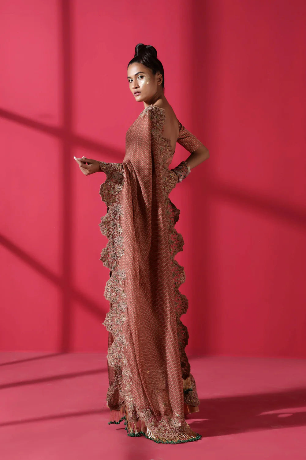 Terracotta Tile Print Two Piece Prepleated Saree With Organic Cotton Satin Blouse