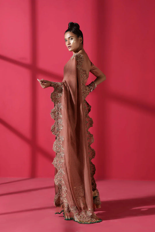 Terracotta Tile Print Two Piece Prepleated Saree With Organic Cotton Satin Blouse