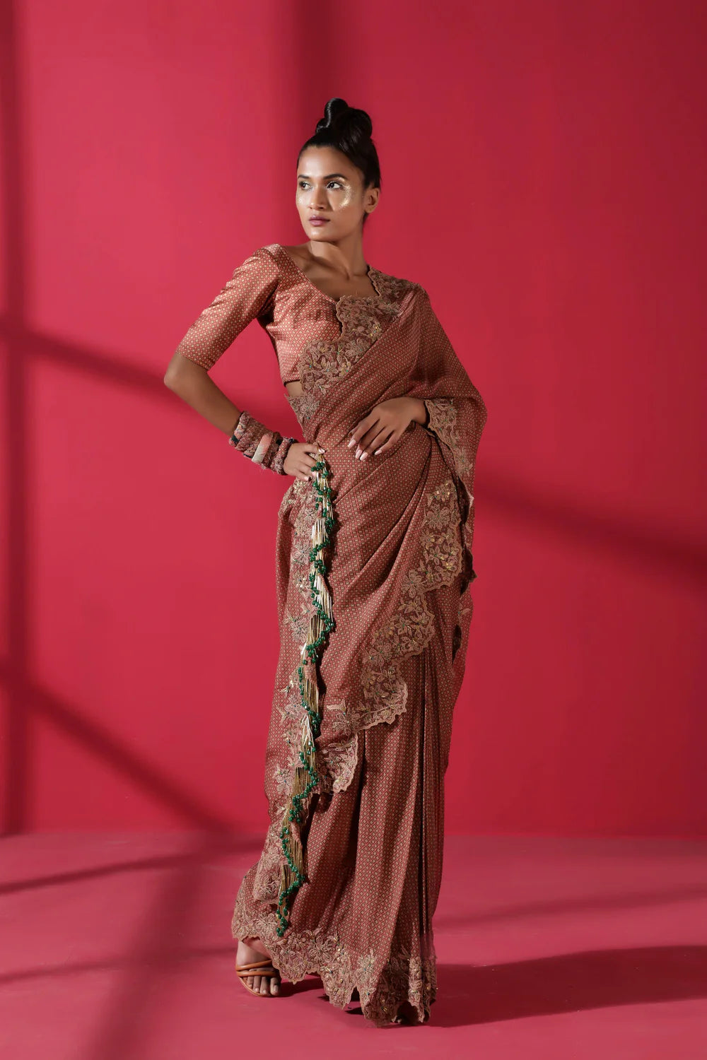 Terracotta Tile Print Two Piece Prepleated Saree With Organic Cotton Satin Blouse