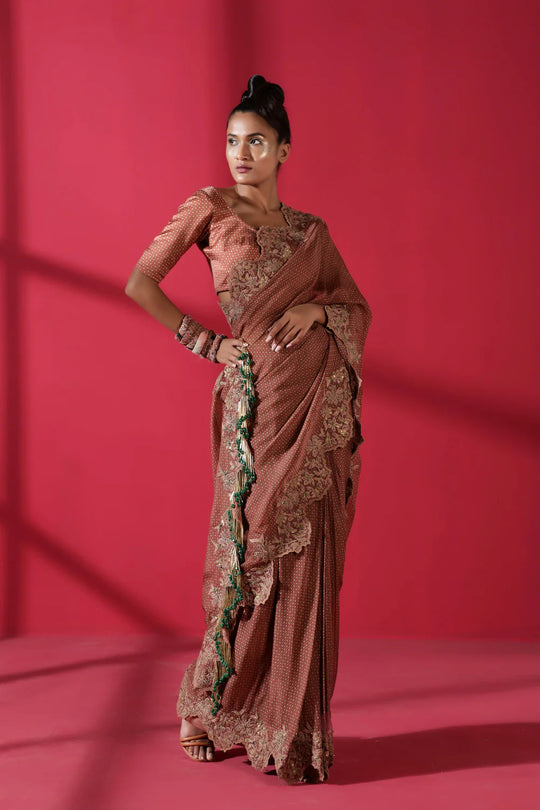 Terracotta Tile Print Two Piece Prepleated Saree With Organic Cotton Satin Blouse