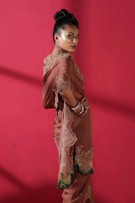 Terracotta Tile Print Two Piece Prepleated Saree With Organic Cotton Satin Blouse