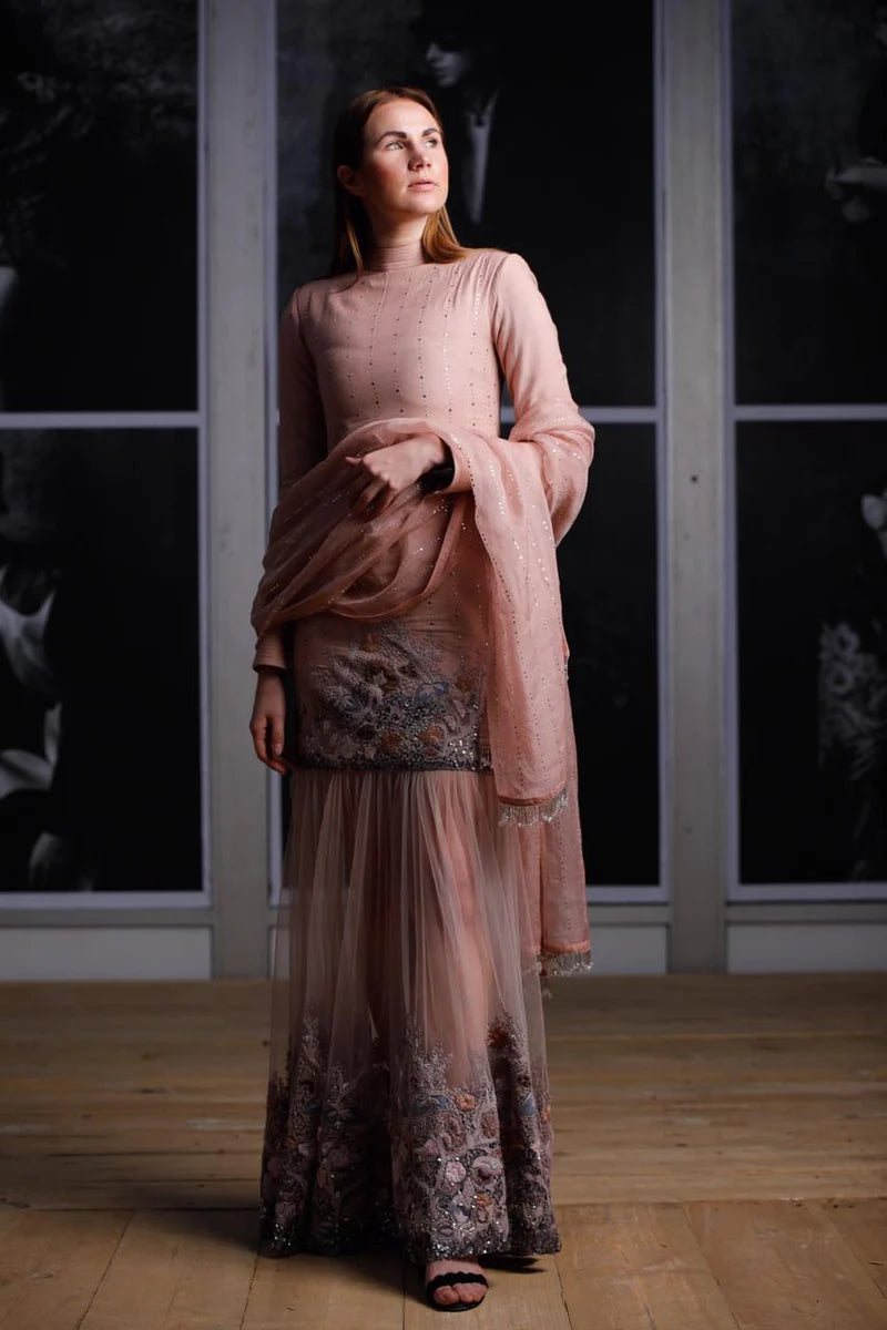 Blush pink pewter hand-embellished maxi dress styled with matching dupatta and flowy skirt