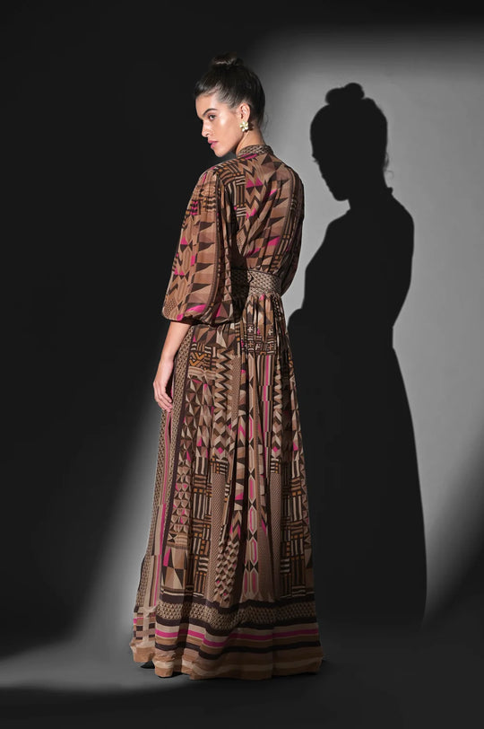 GEOMETRIC FUCHSIA PLACEMENT PRINT MAXI DRESS WITH BELT