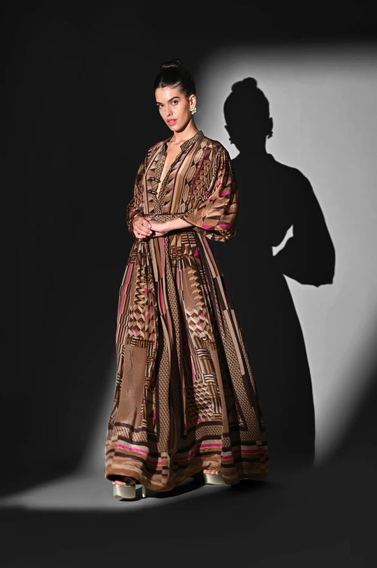 GEOMETRIC FUCHSIA PLACEMENT PRINT MAXI DRESS WITH BELT