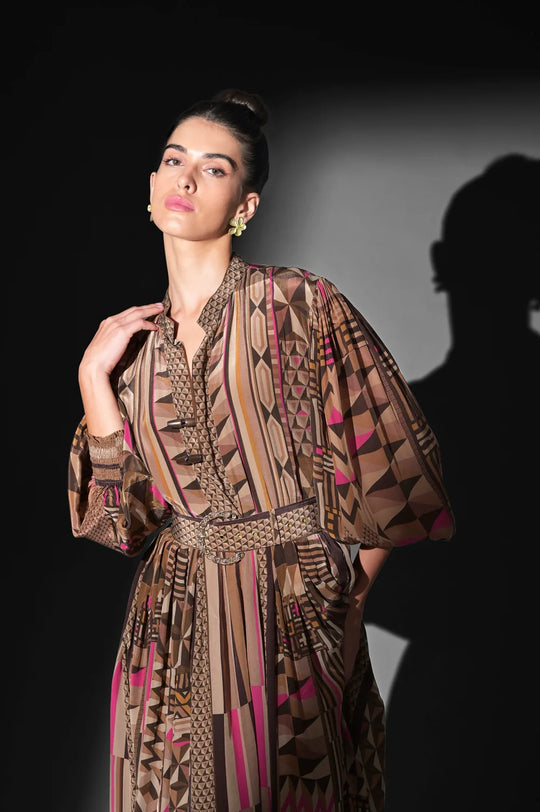 GEOMETRIC FUCHSIA PLACEMENT PRINT MAXI DRESS WITH BELT