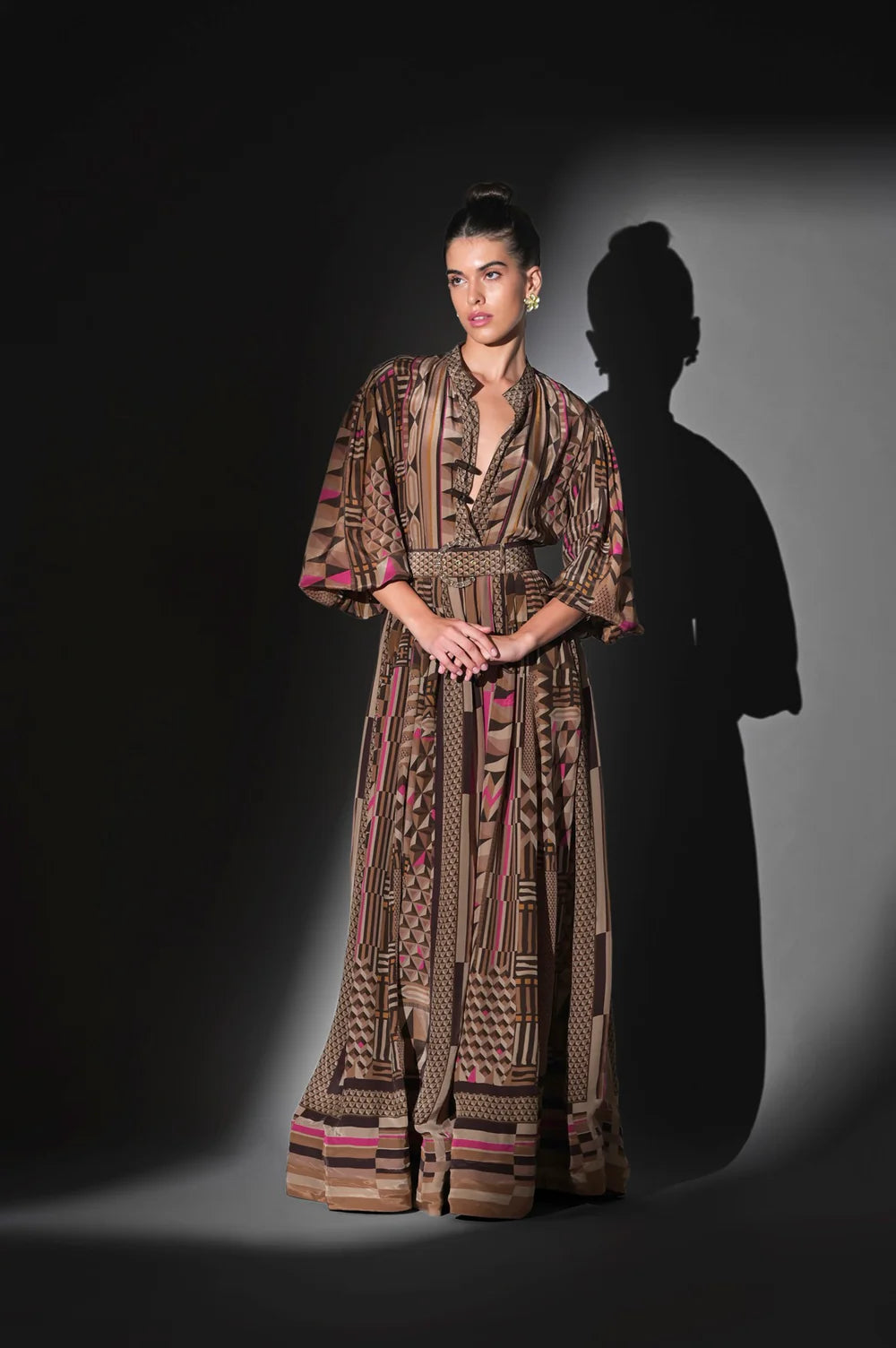 GEOMETRIC FUCHSIA PLACEMENT PRINT MAXI DRESS WITH BELT